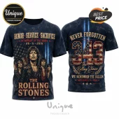 The Rolling Stones 9/11 Remembrance Tribute T-Shirt featuring band members, flag graphics, and 343 memorial typography.