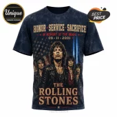 The Rolling Stones 9/11 Remembrance Tribute T-Shirt featuring band members over a US flag and memorial light beams.