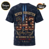 The Rolling Stones 9/11 Remembrance Tribute T-Shirt featuring the number 343 with US flag texture and memorial text.