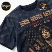 The Rolling Stones 9/11 Remembrance Tribute T-Shirt in charcoal gray with American flag print and vintage rock imagery.