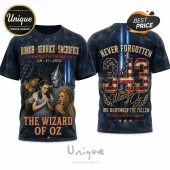Wizard of Oz 9/11 Remembrance 343 Tribute T-Shirt featuring Dorothy, Scarecrow, Tin Man, Lion, and American flag graphics.