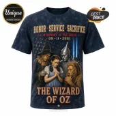 Wizard of Oz 9/11 Remembrance 343 Tribute T-Shirt featuring Dorothy, Scarecrow, Tin Man, and Lion over a US flag background.