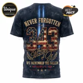 Wizard of Oz 9/11 Remembrance 343 Tribute T-Shirt featuring American flag graphics, the number 343, and Never Forgotten text.