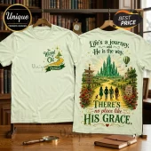 Wizard of Oz His Grace inspirational t-shirt featuring front and back yellow brick road and Emerald City graphic designs.
