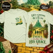 Wizard of Oz His Grace Inspirational T-Shirt featuring back graphic of characters on yellow brick road and Emerald City.